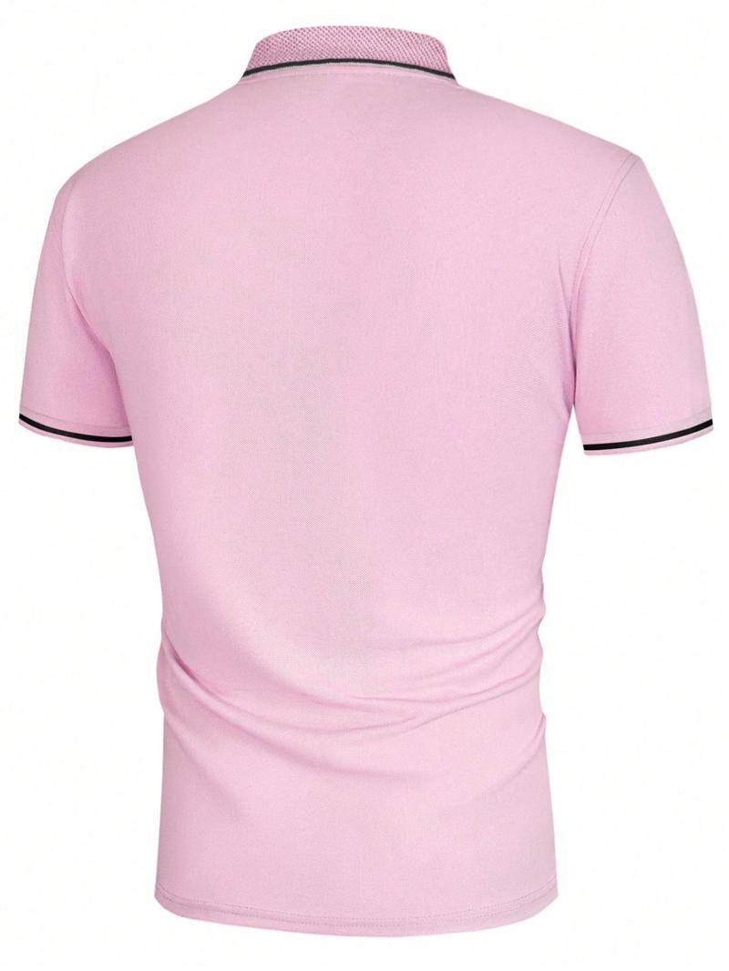 Men's Regular Fit Contrast Binding Short Sleeve Polo Shirt, Casual Solid Button Front Top for Summer, Fashion Men's Clothes for Daily Wear