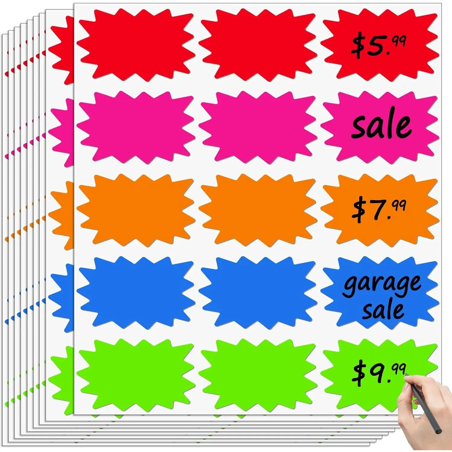 300 Pcs Removable Garage Sale Stickers, Burst Star Adhesive Yard Sale Price Stickers with Space to Write Pricing (2"x3"), Price Tag Rummage Sale Labels for Retail and Market