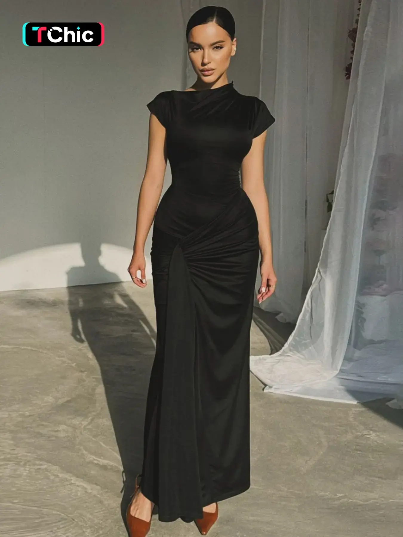 Women's Plain Ruched Tie Back Asymmetrical Neck Dress, Elegant Chic Cap Sleeve Long Dress for Party Holiday Wedding Guest Long Gown, Ladies Summer Clothes