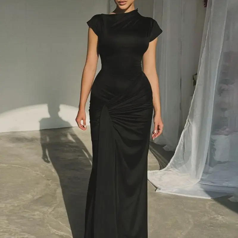 Women's Plain Ruched Tie Back Asymmetrical Neck Dress, Elegant Chic Cap Sleeve Long for Party Holiday Wedding Guest Long Gown, Ladies Summer Clothes Party Gowns