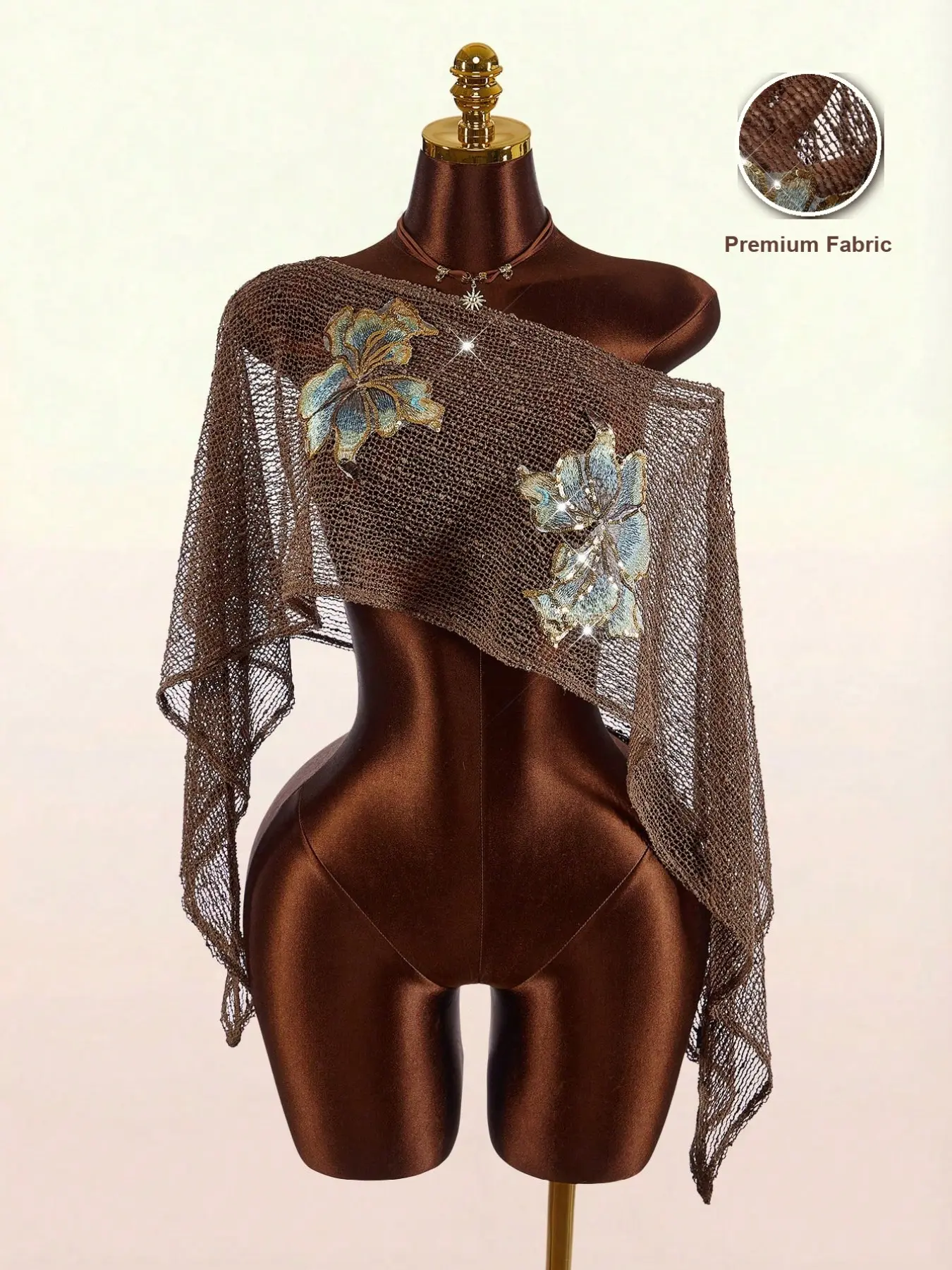Women Sheer Mesh Asymmetric Shawl Wrap, Floral Embroidery Rhinestone Shrug, Evening Party Beach Shoulder Scarf, All Seasons Fashion Accessory