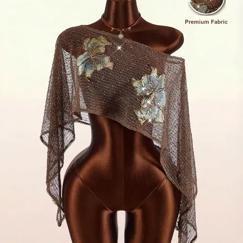 Women Sheer Mesh Asymmetric Shawl Wrap, Floral Embroidery Rhinestone Shrug, Evening Party Beach Shoulder Scarf, All Seasons Fashion Accessory