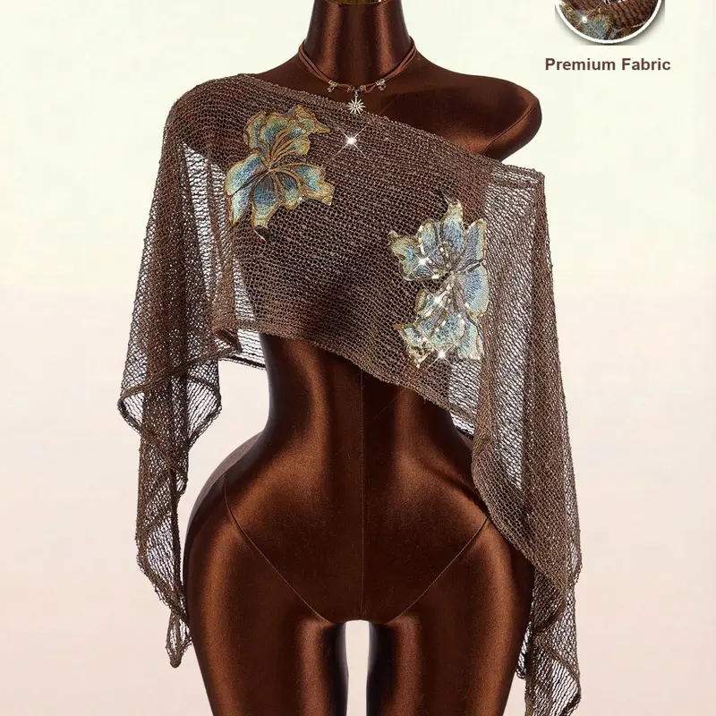 Women Sheer Mesh Asymmetric Shawl Wrap, Floral Embroidery Rhinestone Shrug, Evening Party Beach Shoulder Scarf, All Seasons Fashion Accessory