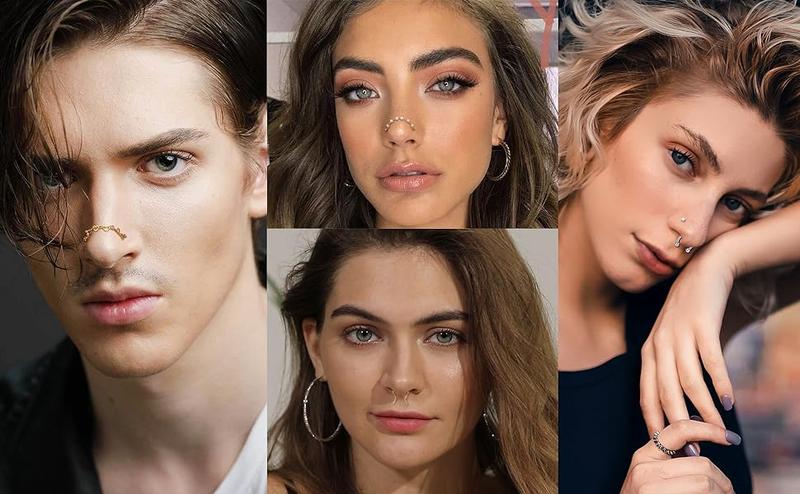 MILACOLATO 20G Nose Rings Studs with Chains African Nose Ring Cuff Horseshoe Septum Rings Stainless Steel Star Heart Nose Ring Chain Piercing Jewelry Set for Women Men