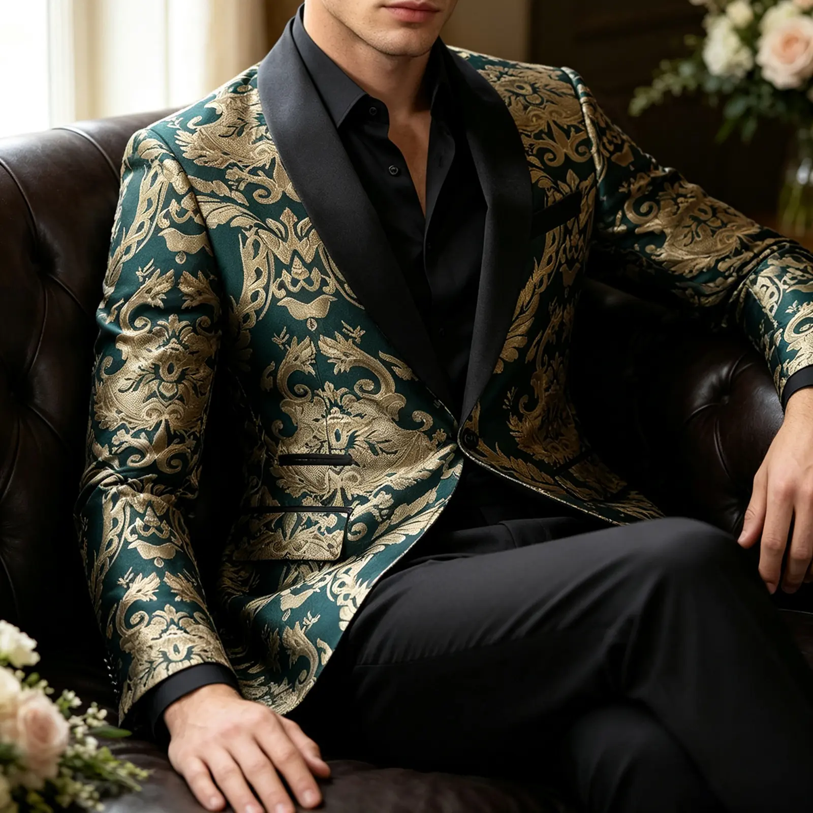 Men's Vintage Baroque Print Tuxedo Set, Slim Fit Shawl Collar Suit Jacket & Trousers, Sharp Look for Prom & Special Occasions Blazer Classic
