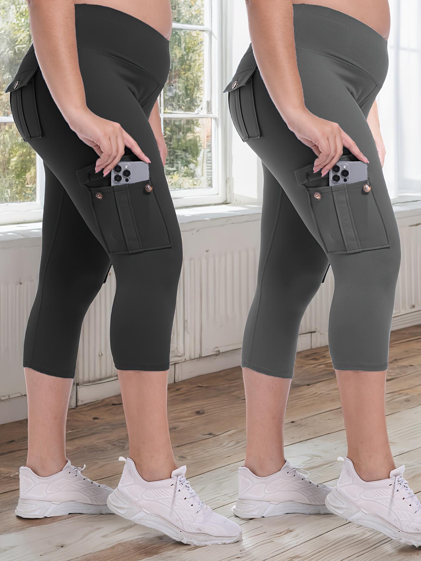 [2pcs High Waist Yoga Pants] JEGGE 2pcs High Waist Yoga Capri Pants Set, 4-Way Stretch Butt Lifting Tummy Control, Spandex Material, 4 Button Pockets, Solid Color, Three-Quarter Length, Sports Style for Workout Running, Spring/Summer Collection, Workout L