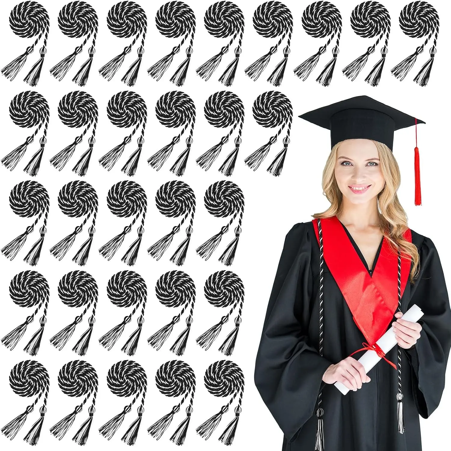 30 Pcs 2026 Graduation Cords 67 Inch Braided Honor Cord with Tassels for College Graduation Students Bachelor Master Doctor Grad Decor(Black with White)