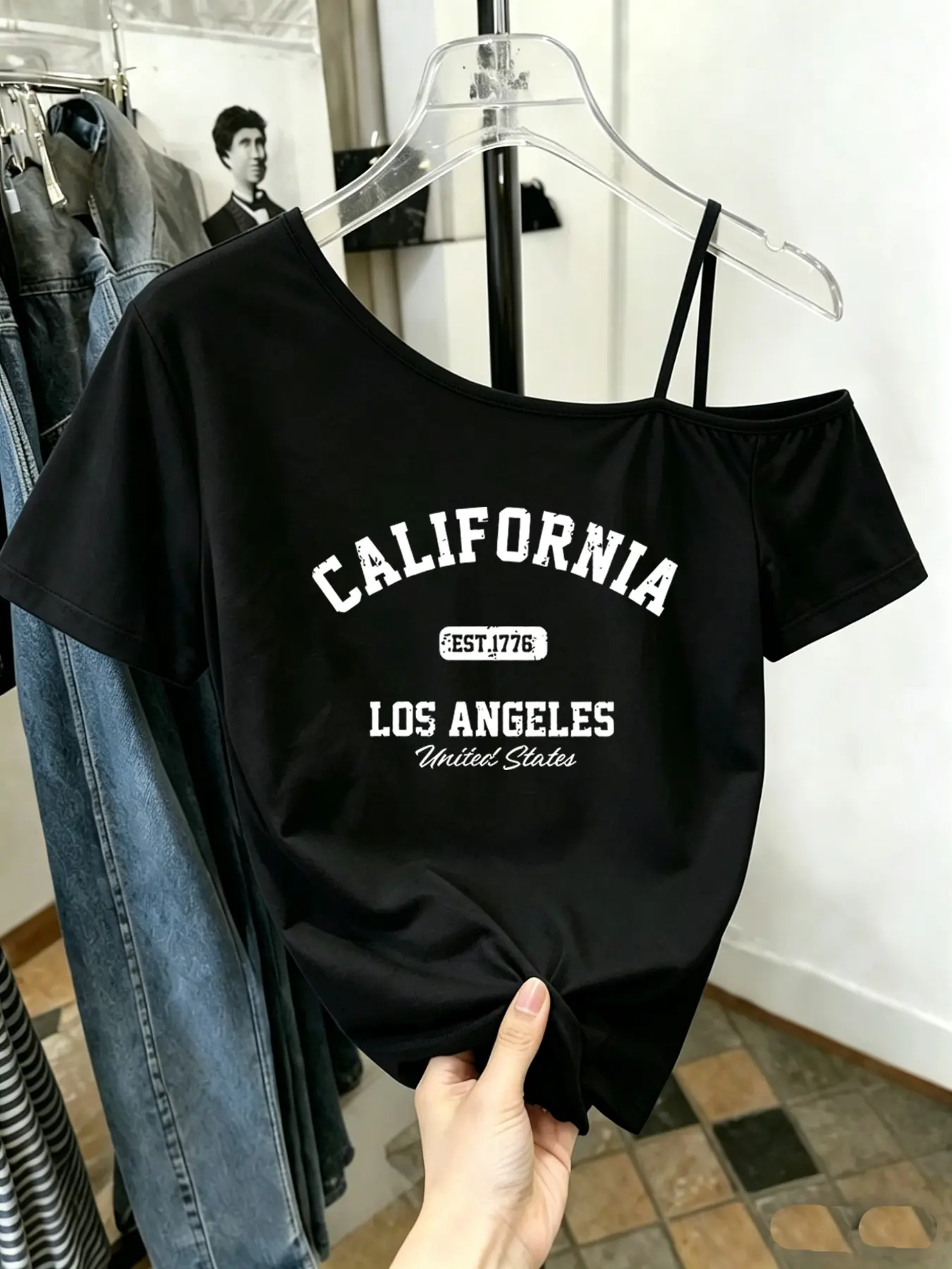Women's Casual Off-Shoulder Short Sleeve T-Shirt, Casual Everyday Tee, California Letter Print, Asymmetrical Strap Design, All Season