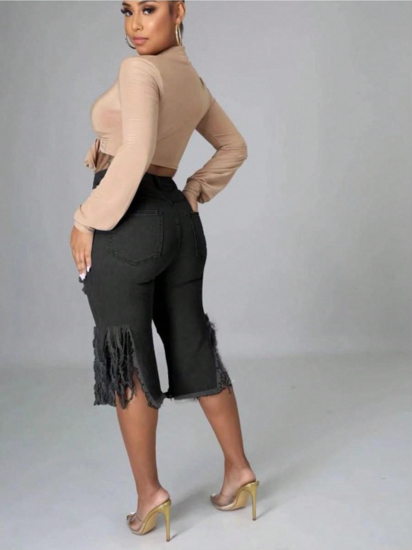 Ripped Fringe Denim Capris + Tie-Front Crop Top Set | Y2K Street Style Summer Outfit for Women | High Waist Distressed Jeans with Frayed Hem | Trendy Casual Going Out Look 2026