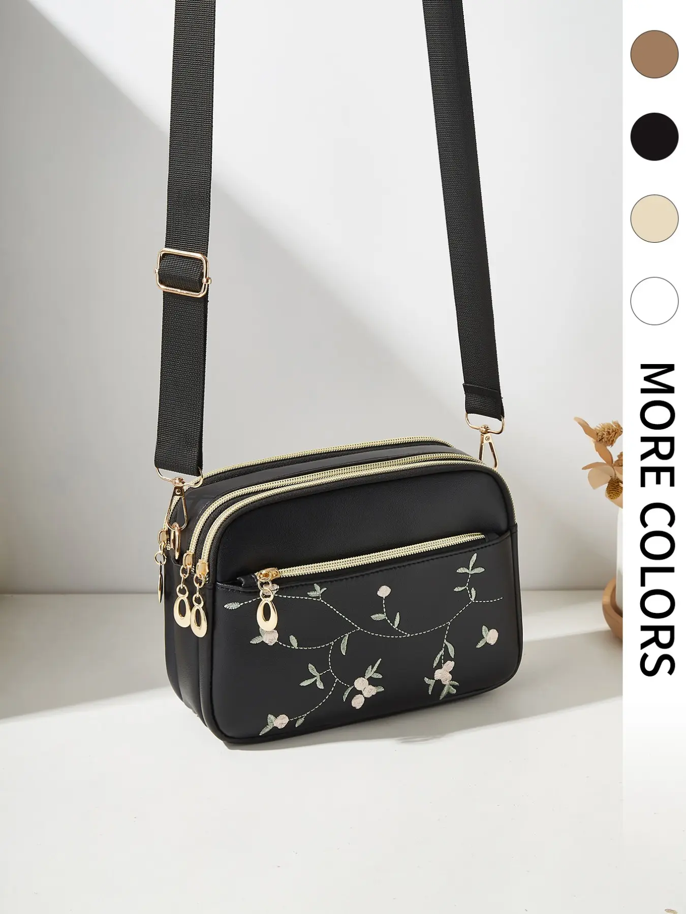 Women's Floral Embroidered Everyday Crossbody Bag Multi-Pocket PU Leather Shoulder Purse with Adjustable Wide Strap for Daily & Travel Use Crossbody Purses