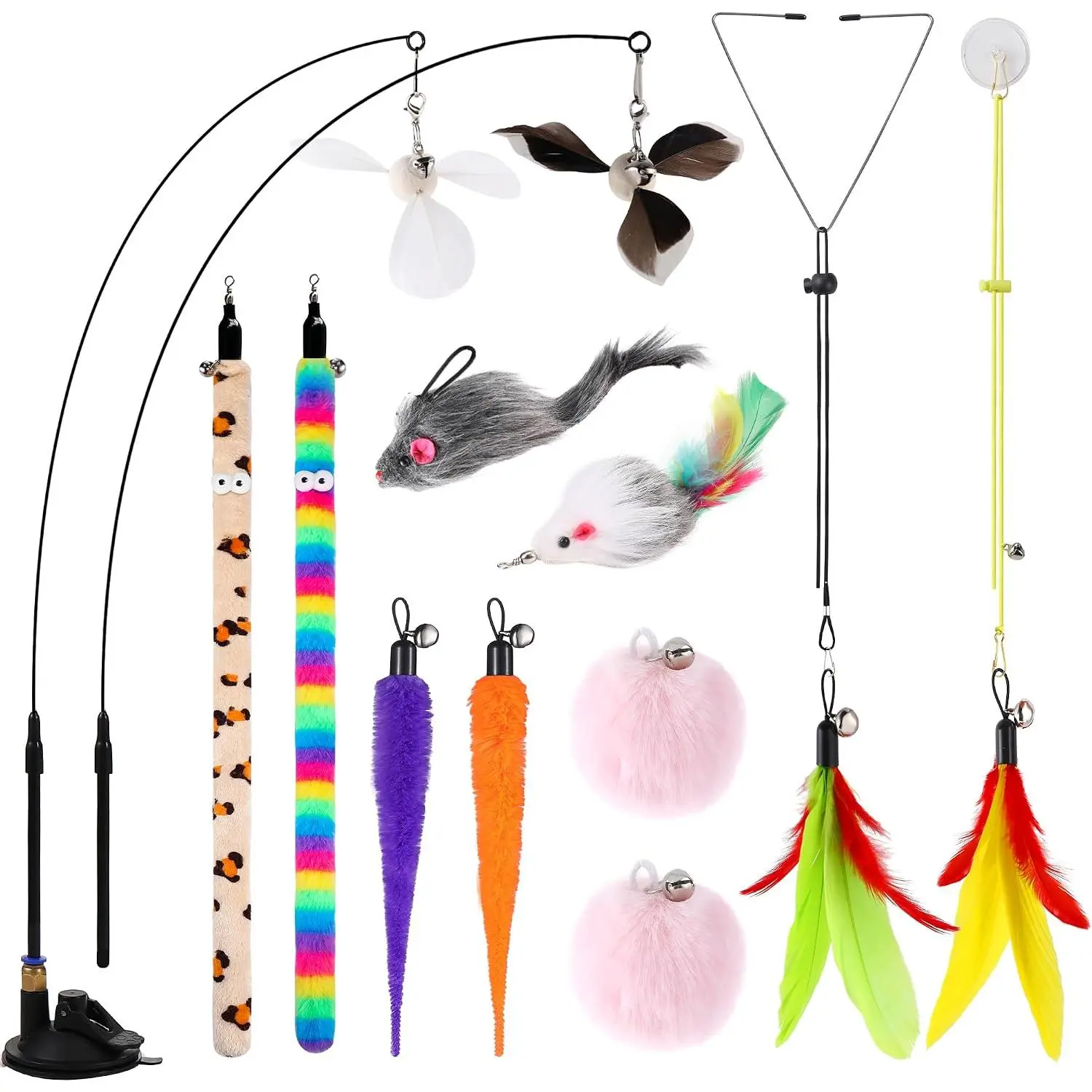 4-in-1 Interactive  Wand ,12Pcs Durable Fishing Pole  Feathers Toys Replacements, Suction Cup   Floor,2 Types Door   String Toys for Indoor Kitten
