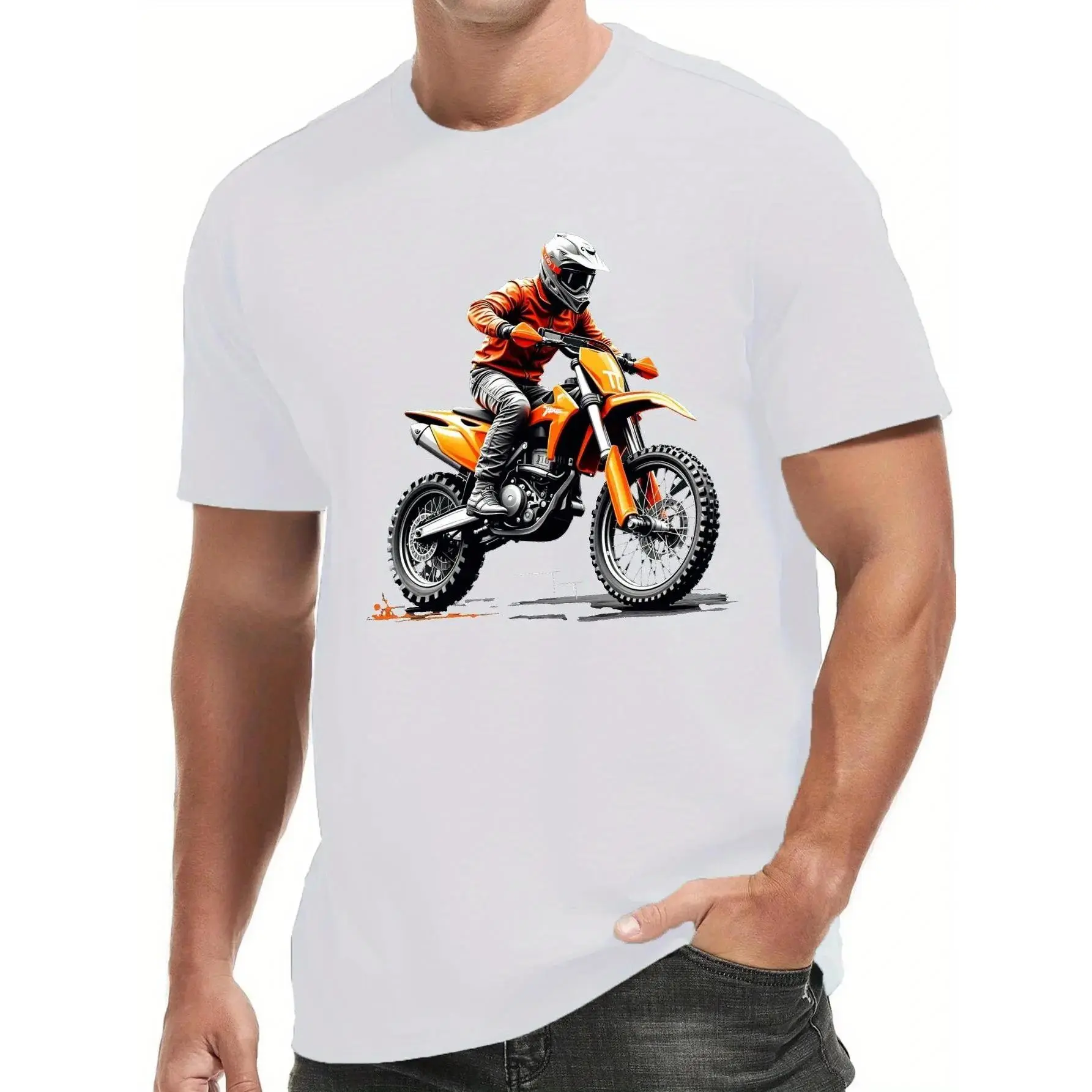 Men's Motocross Orange Bike Graphic T-Shirt, Short Sleeve Crew Neck Casual Summer Top with Geometric Pattern, Regular Fit, Cool Motorcycle Racing Design, Comfortable Streetwear for Men, Trendy Sports Print Tee