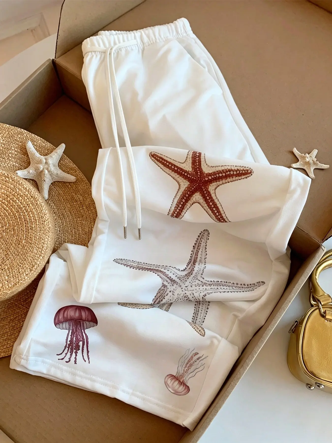 Women's Starfish Jellyfish Print Wide Leg Fabric Pants, Elastic Drawstring Waist Casual Beachwear Trousers, Ideal For Summer Vacation Wear