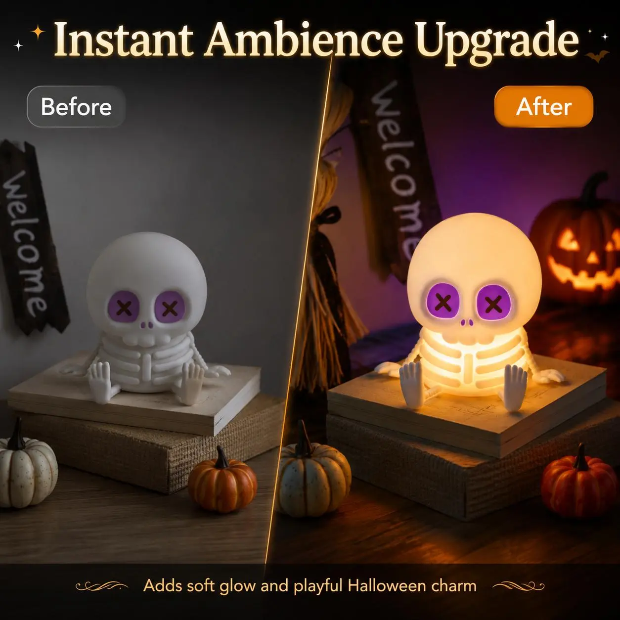 Skull Shape Silicone Halloween Night Light - Indoor Use, Adjustable Warm Light, Touch Control LED Bedside Lamp, Halloween Room Decor, Birthday Gift