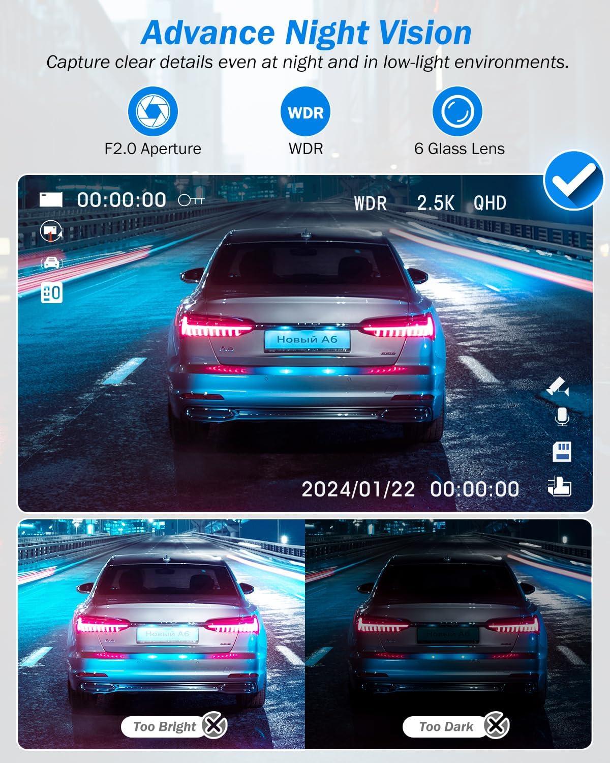 Dash Cam Front and Rear, 2.5K+1440P Triple Car Camera with 32GB Card, 3 Channel Dash Camera for Cars, G-Sensor, 3.16" IPS Screen, 24Hr Parking, 170°Wide Angle, Loop Recording, IR Night Vision, Blue