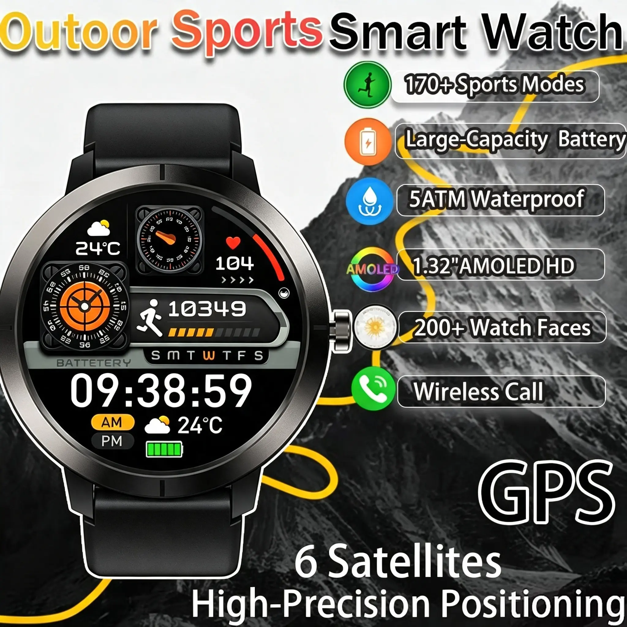 2026 GPS Smart Watch AMOLED 1.32inch  HD BT Call 5ATM Waterproof 170 Sport Modes 360mAh Large Battery Replaceable Strap Smart Watch