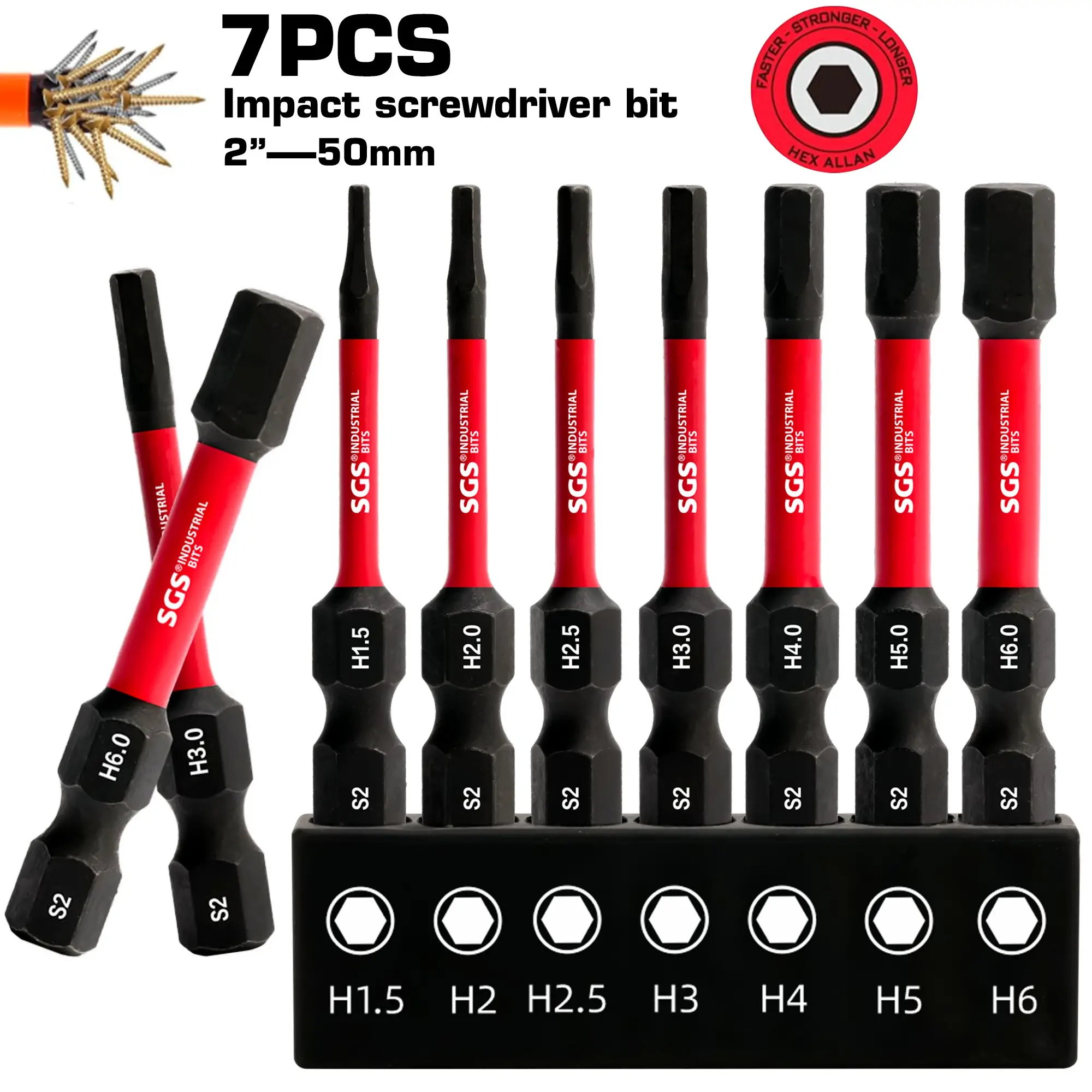 7PCS Industrial Hex Screwdriver Bit Set, 50mm precision machined S2 steel, high strength and magnetic design, easy storage, suitable for machinery repair, parts assembly and woodworking projects