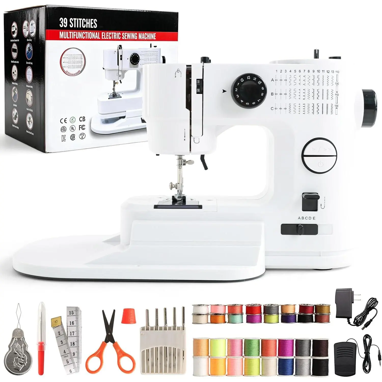 Portable Sewing Machine for Beginners with 39 Stitches, 2 Speeds Control, Extension Table, Foot Pedal, LED Light, Support 2  Modes, 9 Tightness Adjustments, Reverse  for Repair, DIY Craft