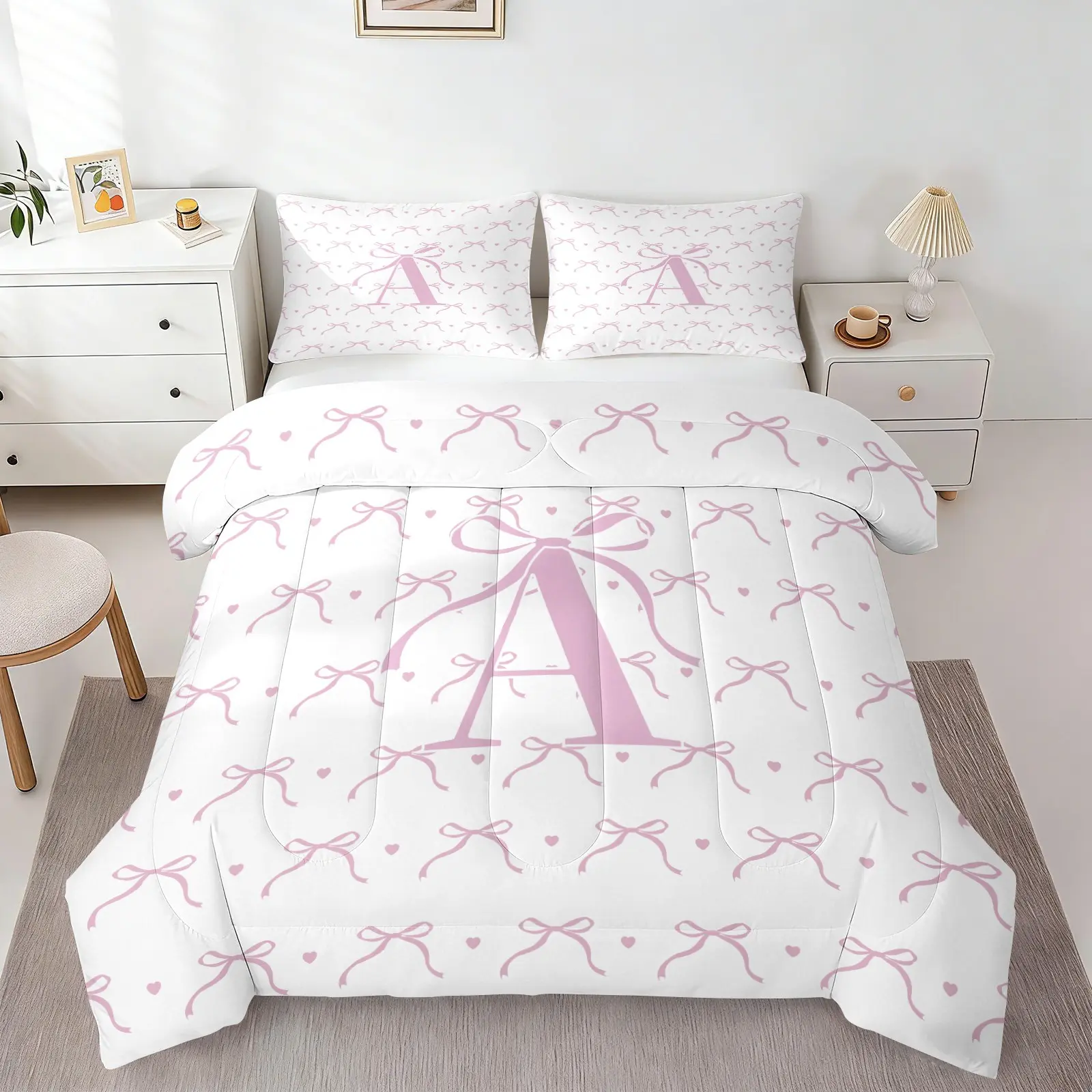 2/3Pcs Coquette Pink Bow Initial Letter A Comforter Set, 1 Comforter + 1-2 Pillowcases, Sweet Princess Butterfly Knot Heart Print Quilt Bedding Set, Soft Microfiber All Season, Ideal Present for Girls Bedroom Dorm Room Decor