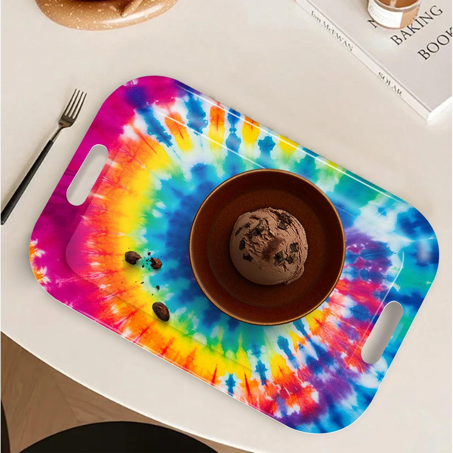 Lightweight & Sturdy Rectangular Serving Tray with Handle - Easy-Clean Melamine Tray, Pastel Tie-Dye Spiral Patterns in Pink, Blue, Green, Yellow, Orange, Purple, Red, Black, White, Gray - for Parties, Home, Office, Restaurants - Modern Decorative Tray,