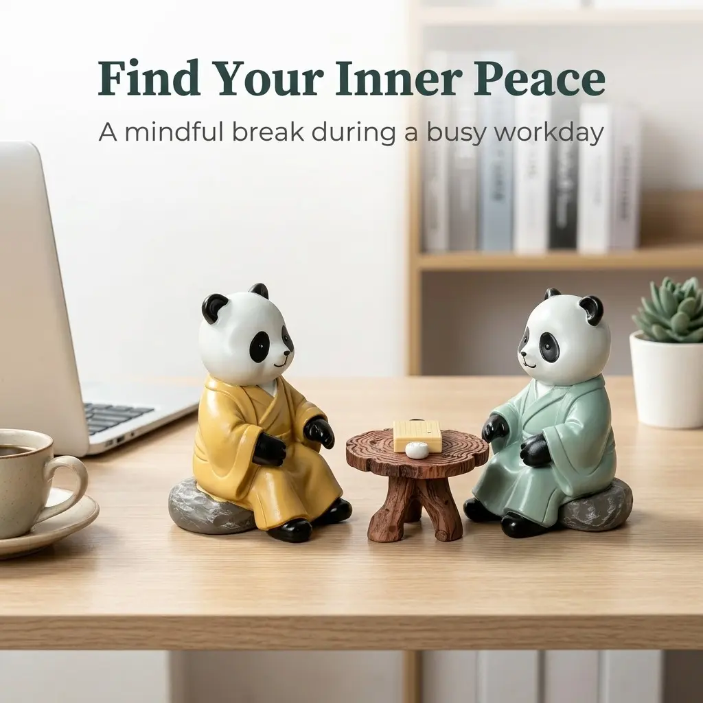Zen Panda Chess Resin Figurine, Weatherproof Garden Statue, Feng Shui Desk Decor, Mindfulness Stress Relief Gift, Office Study Room Use