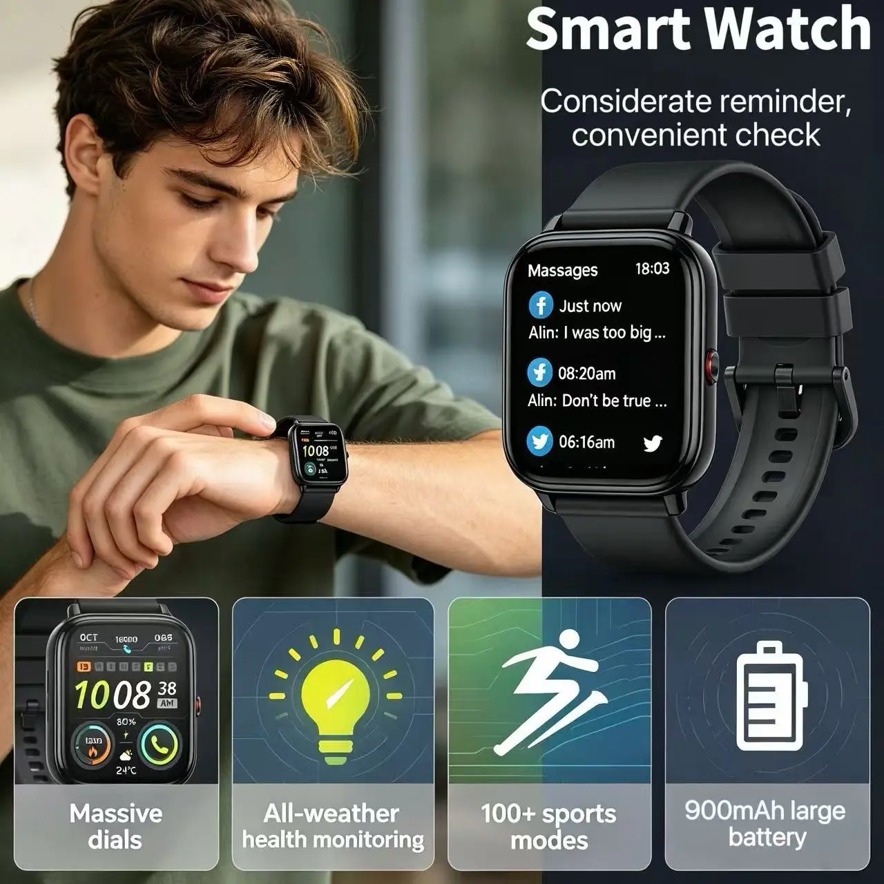 High-End Square Smartwatch, Independent Music Playback, Blood Oxygen & Heart Rate Monitoring, Multi-Color Bands, Trendy Sports Watch