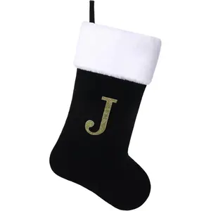 20 Inches Personalized Initial Monogram Christmas Stocking Deluxe Black Velvet with Super Soft Plush Cuff Embroidered Letter J for Holiday Season Decor