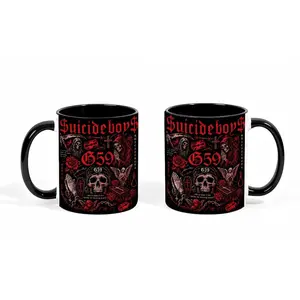 G59 Dark Gothic Skull Grim Reaper Two Tone Black Interior Ceramic Mug,Red Black Rose Angel Coffin Prayer Hands Horror Music Printed Coffee Cup,Underground Hip Hop Rap Group Vintage Dark Art Kitchen Drinkware