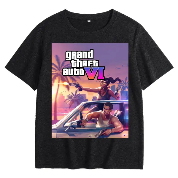 Couple Car Shootout GTA6 Sunset Scene Art Print Crewneck T-Shirt Printed Men's Vintage T-shirt, Streetwear Outfits Men's T Shirts,Stylish, and Comfortable Printed T-shirt for men Casual Menswear Fabric Soft Top Garment