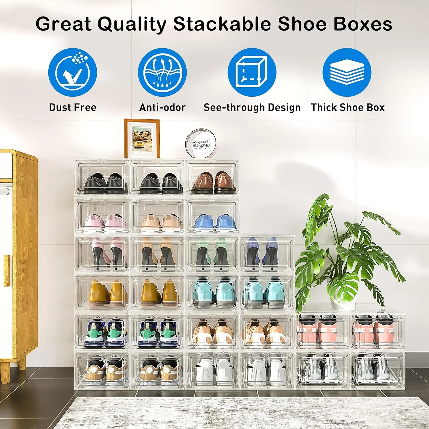 6/12-Pack Rectangular Thick Sturdy Hard Plastic Stackable Shoe Storage Boxed Set for Size 12 Sneakers, White Closet Organizer Bins Holders Display Cases