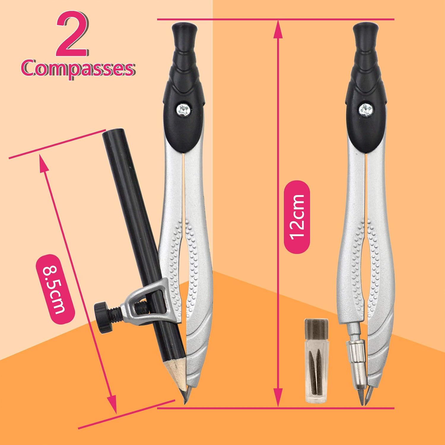 Professional Geometry Compass Set, Starter Compass Set Includes 2 Drafting Compasses, Protractor, 2 Set Squares, Ruler in Storage Box, -to-School Math Supplies for Students, Black