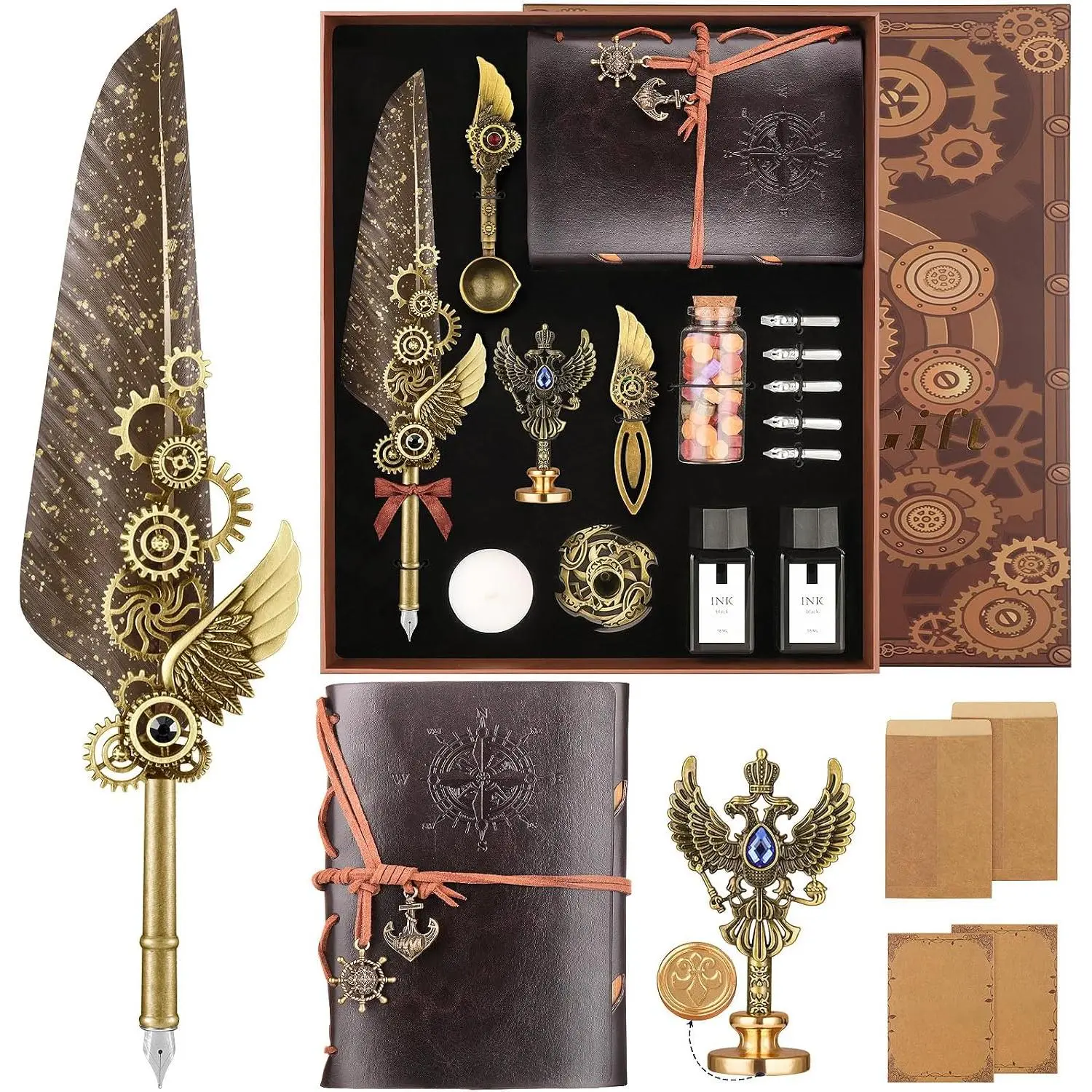 Beginner's Calligraphy Quill Pen and Ink Set, Office Stationery Kit with Leather Notebook, Pen Holder, 5 Replaceable Nibs, Bookmark, Letter Writing Supplies & Wax Seal Tools (includes nibs)
