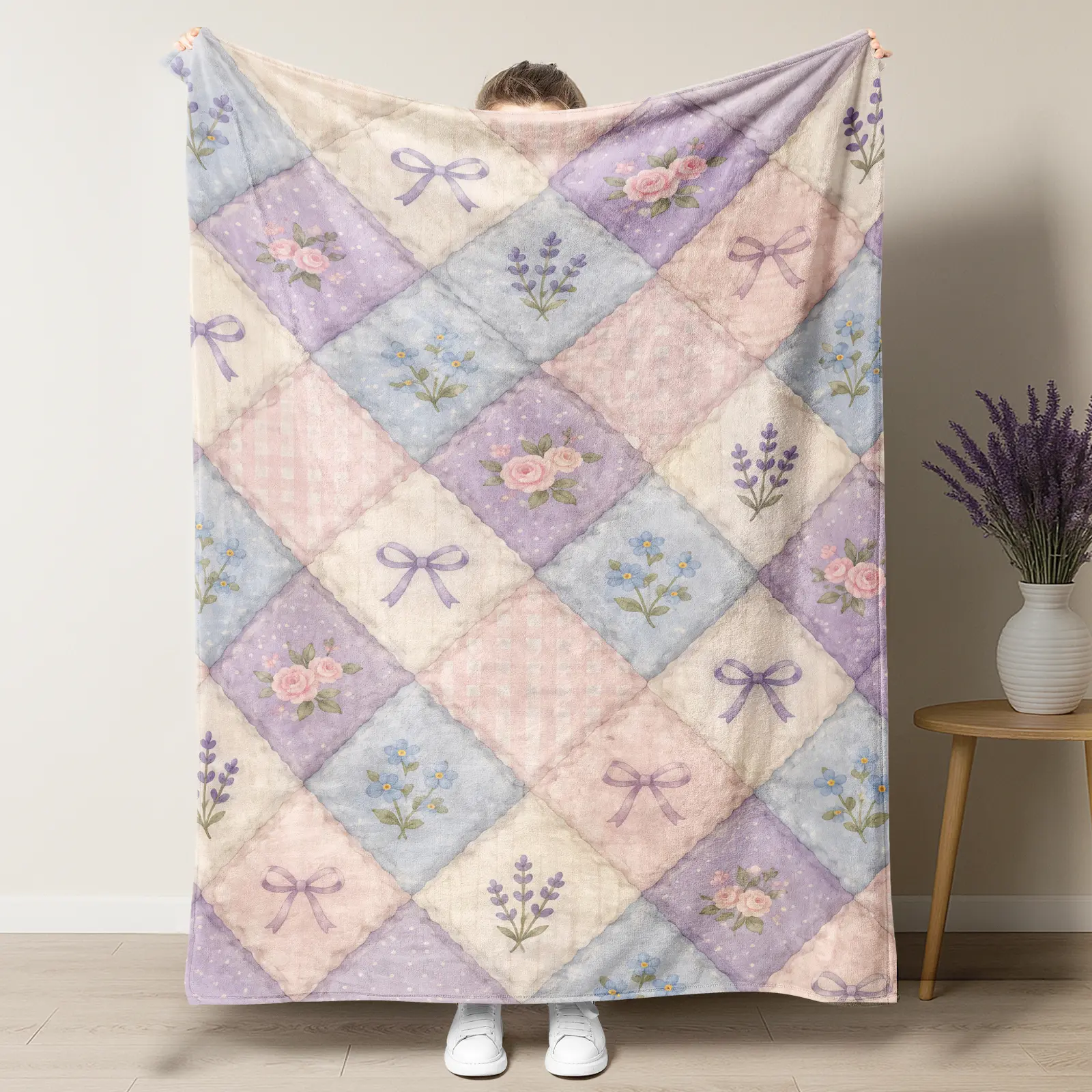 Pastel Patchwork Floral Bow Throw Blanket, Watercolor Lavender Rose Girly Coquette Aesthetic Soft Flannel Blanket For Bedroom Sofa,HomeEssentials,Back To School,Late Summer Home Refresh