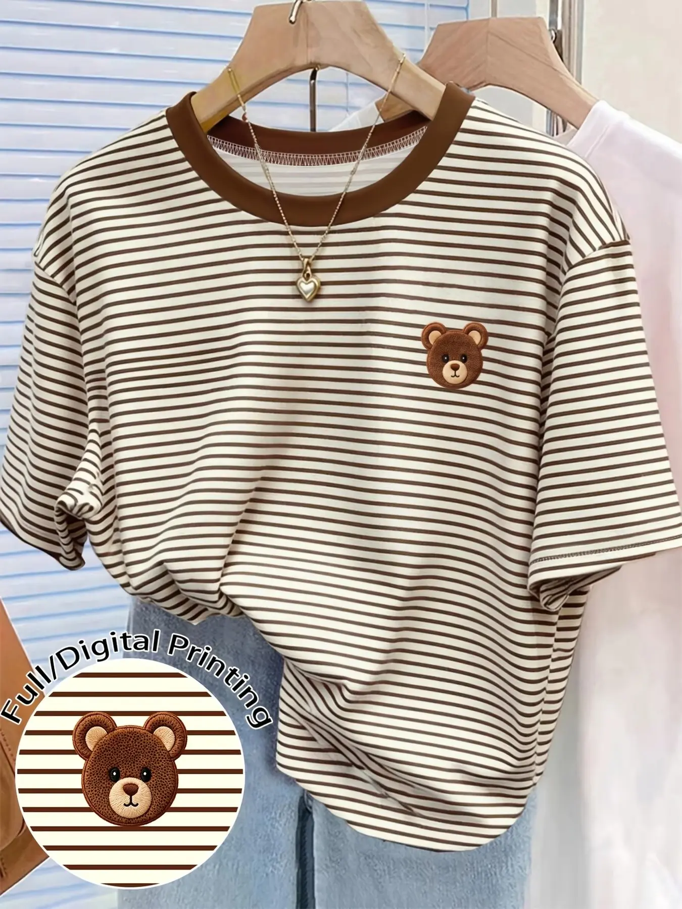 Korean Retro Striped Bear Print Round Neck Short Sleeve Loose Fit T-Shirt, Breathable Casual Top, Daily and Home Wear