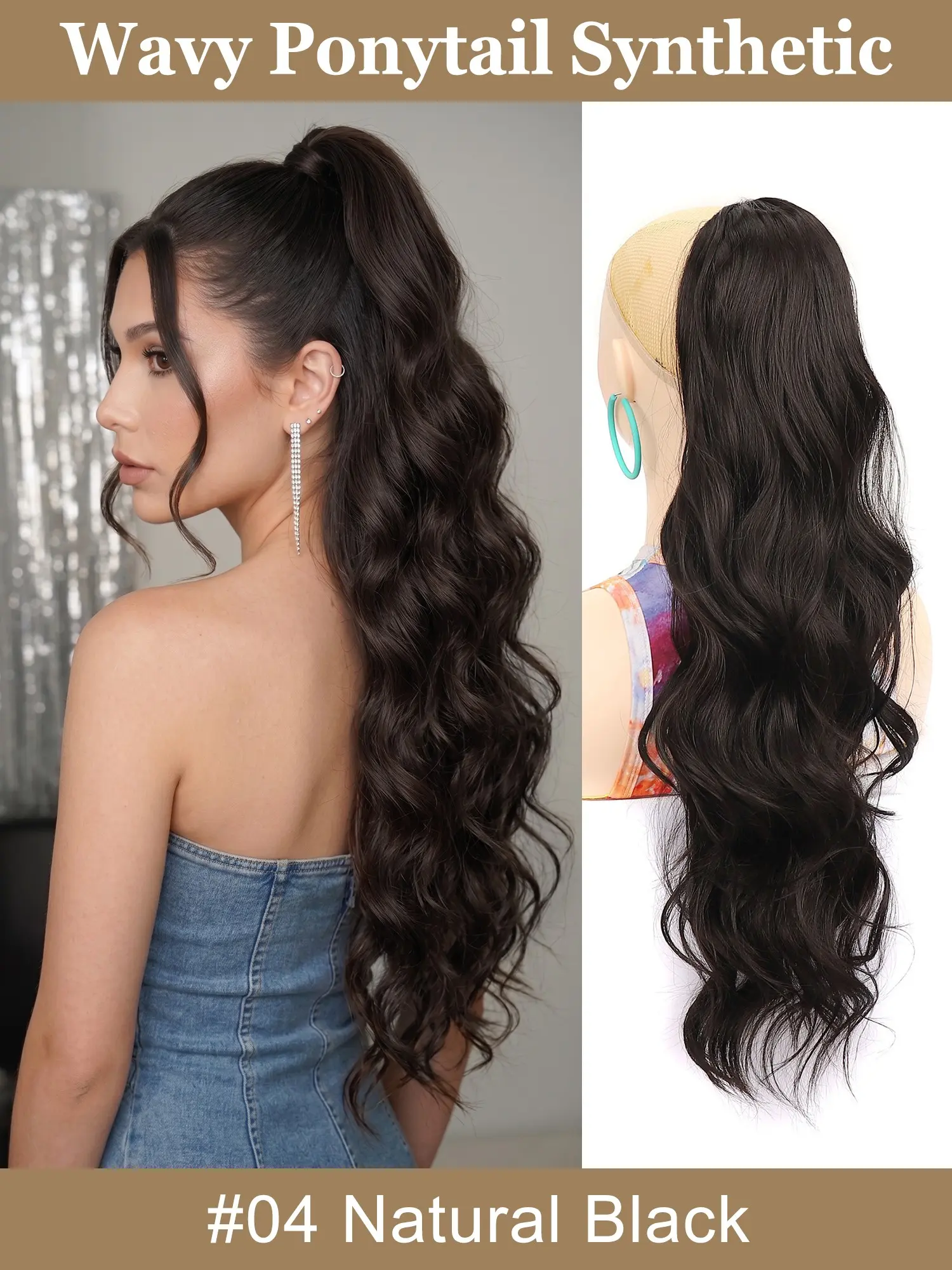 Ponytail Extension 24" Drawstring Ponytail Hair Extensions Wavy Curly Clip in Pony Tails Cute Hairpiece for Daily Use Synthetic Natural Black
