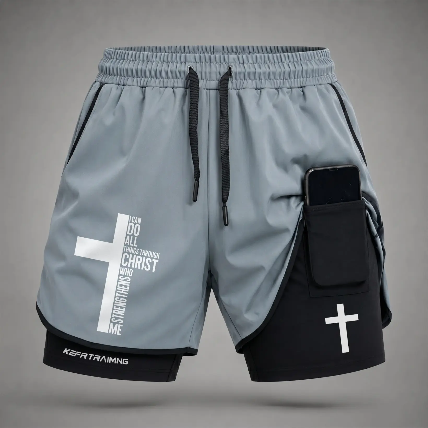 Men's 2-in-1 Workout Shorts with "Christ Strengthens Me" Graphic, Compression Liner, Phone Pocket, and Adjustable Waist, Running Gym