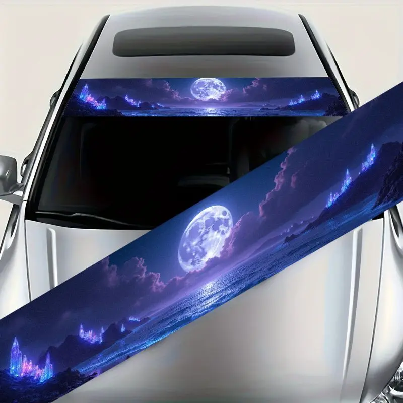 1pcEye-catching Full Moon Ocean Nightscape  Front Windshield Sticker Featuring Glowing Crystals, Waterproof and Scratch- Auto Graphic, Durable  Decals Suitable for All  Models.