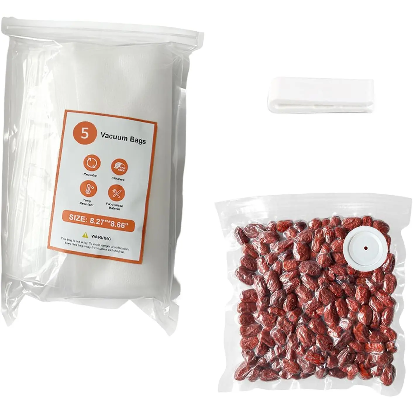 Vacuum Storage Bags Set, 5   Medium  Vacuum Sealer Bags (8.26"x8.66"), Triple-Seal Leak-Resistant Design, Includes 1 Sealing Clip