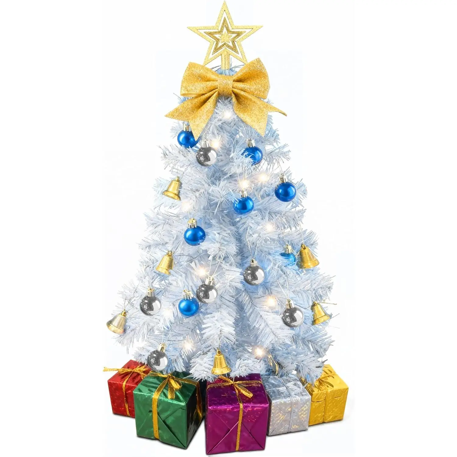 Small White Christmas Tree with Lights - 23 Inch Mini Tabletop Christmas Tree with Warm-White LED Lights,  Ornaments, Decorative Bow and  Boxes - Table Tree for DIY Christmas Decoration