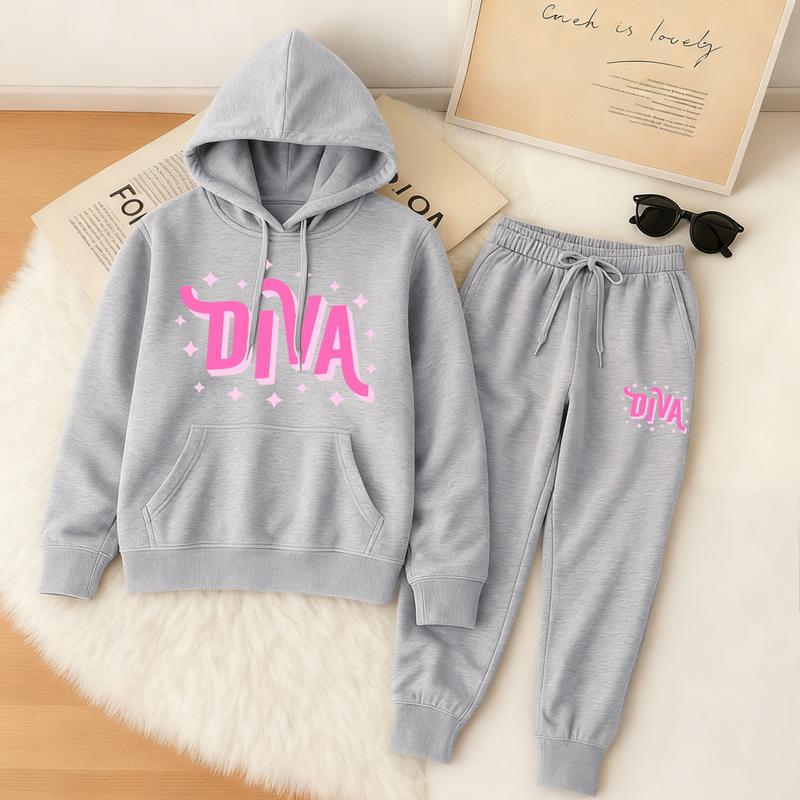 Women's Diva Star Print Hoodie And Drawstring Track Pants Set, Casual Sportswear, Long-Sleeved Hooded Jacket And Pants, Suitable For Autumn And Winter, Everyday Wear, Indoor And Outdoor Sportswear, Sportswear Set, Casual Sportswear