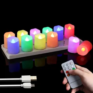 12 count Rechargeable Flameless  Lights RGB with  Base and Remote Timer, Color Changing Flickering Electric LED Votive  Candles, USB  Included