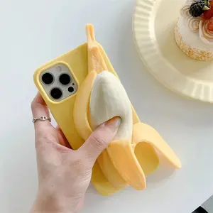 Funny 3D Stress Reliever Peeled Plush banana Phone Case For iPhone 17 16 15 14 11 12 13Pro X XS Max XR 7 8 6 Plus Silicone  anti-fall protective tpu smartphone  heavy duty shockproof phone case white functional design musical floral art shockproof case