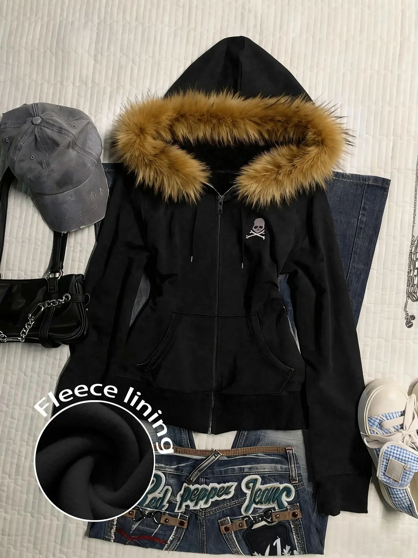 Fur Trimmed Fleece Lined Hoodie, Y2K Gothic Skull Print Zip Up Long Sleeve Jacket for Women, Winter Casual Streetwear