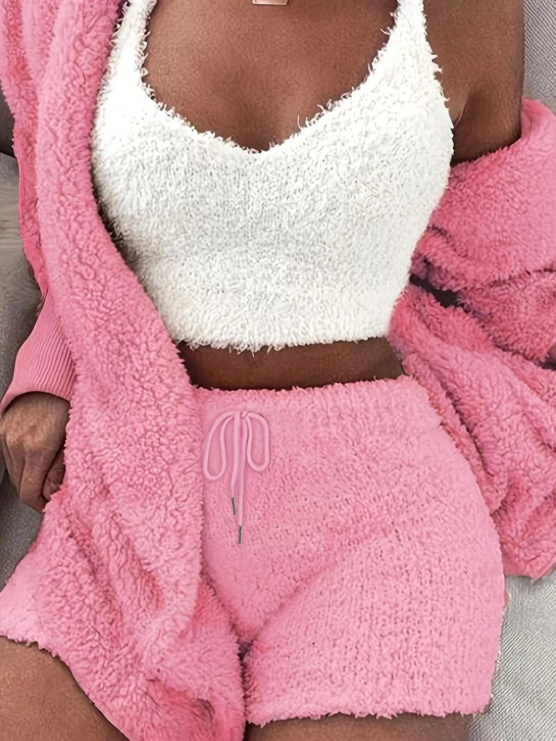 Women's Solid Color Plush Three-piece Pyjama Set, Fluffy Pajamas, Casual Comfy V Neck Cami Top & Hooded Coat & Tie Front Shorts Loungewear Set, Pajama Sets Women, Women's Sleepwear for Winter, Fluffy Pajamas, Cute Pajama Sets, Sleep Sets, Womenswear, Pjs Women's Solid Color Plush Three-piece Pyjama Set, Fluffy Pajamas, Casual Comfy V Neck Cami Top & Hooded Coat & Tie Front Shorts Loungewear Set, Pajama Sets Women, Women's Sleepwear for Winter, Fluffy Pajamas, Cute Pajama Sets, Sleep Sets, Womenswear, Pjs