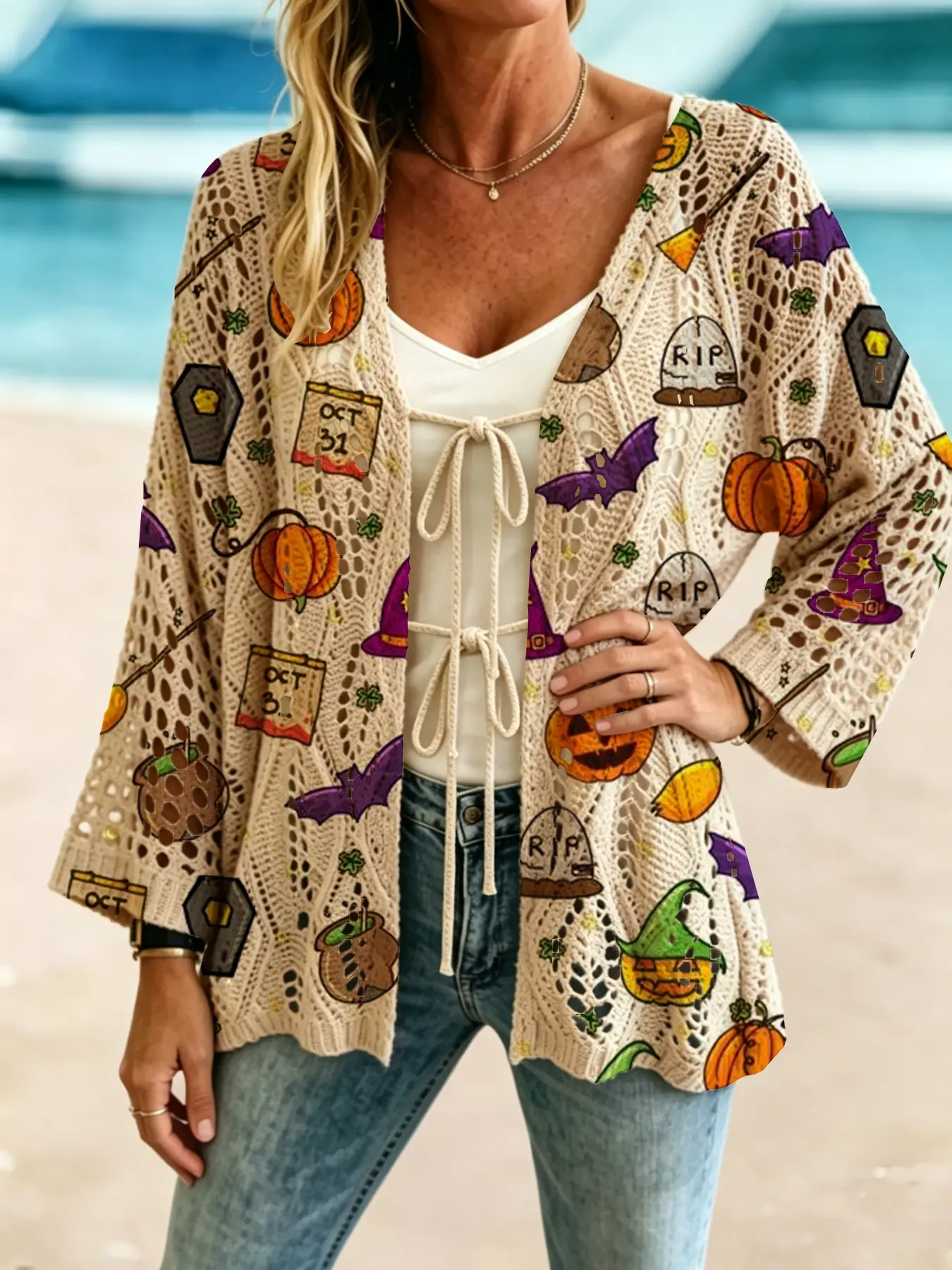 Women's Elegant Halloween Cartoon Ghost Print Long Sleeve Knit Cardigan, Casual Breathable Knitted Sweater, Spring Summer Fall Clothing