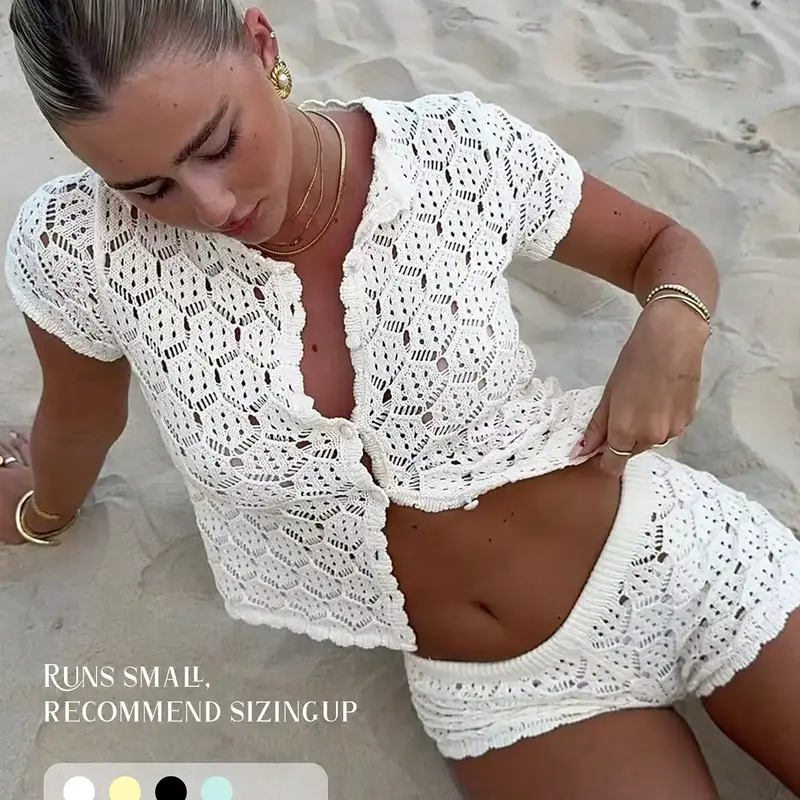 Women's Summer Crochet Mesh Hollow Out Short Sleeve Knit Cardigan Set, Sexy Slim-Fit Two-Piece Clubwear, Cover-Ups for Vacation and Beach, Crochet Cover-Ups, Swimsuit Coverups, Beachwear