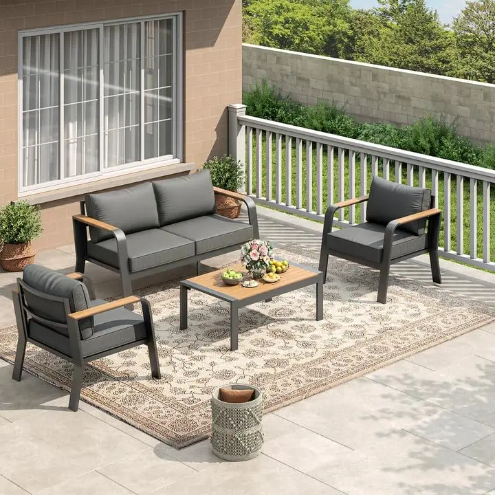 Aluminum Outdoor Patio Furniture Set with Coffee Table – 4-Seat Patio Conversation Set with Washable Thick Cushions, All-Weather Metal Furniture for Poolside, Balcony & Deck