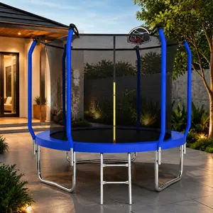10FT Outdoor Trampoline for Kids with Safety Enclosure Net and Basketball Hoop, ASTM Approved, Galvanized Steel Frame, Weather-Resistant PP Jumping Mat, Heavy-Duty Ladder Included, Blue, Weather-Resistant Jumping Mat