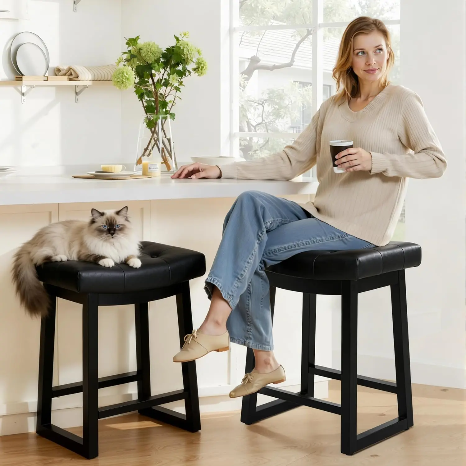 FREKEN 24" High Backless Upholstered Leather Bar Stool - Leather & Metal Frame, Wood Legs, Modern Without Arms Seat, Counter Chair for Kitchen Island, Home Bar, Black Indoor Furniture countertops tools
