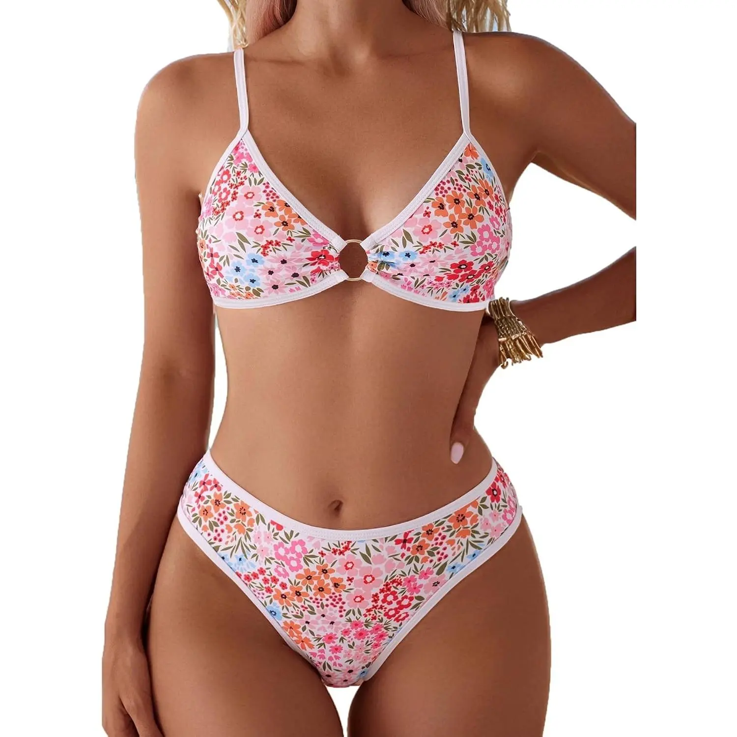 Women's Floral Printed Triangle Bikini Set O-Ring Linked Two-Piece Cheeky Swimsuit(Gift)
